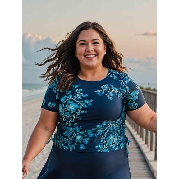 Calypsa Women's and Women's Plus Short Sleeve Adele Swim Top