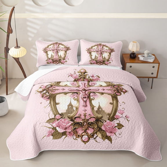 Erosebridal Vintage Sugar Gothic Cross Twin Quilt Set for Girls, Rose Floral Bloom Twin Coverlet Set, 2-Piece