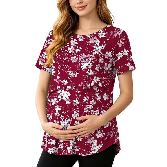FAVIPT Womens Maternity Shirts Flower Print Double Layer Breastfeeding Blouse Casual Short Sleeve Crew Neck Postpartum Tee Red,XXXL