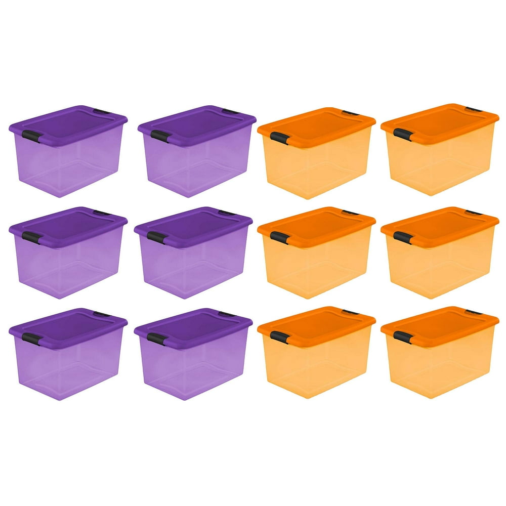 Sterilite 64 Quart Latching Plastic Storage Container, Purple & Orange