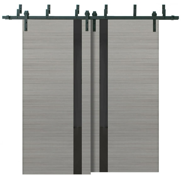 Sliding Closet Barn Bypass Doors 36 x 96 inches | Planum 0040 Grey Ash with Black Glass | Sturdy 6.6ft Rails Hardware Set | Wood Solid Bedroom Wardrobe Doors