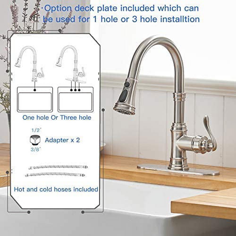 BWE Kitchen Faucet with Pull Out Sprayer 3 Spray Modes Brushed Nickel Single Handle Singe Lever High Arc Kitchen Sink Faucet with Deck Plate Commercial Bar Farmhouse Pull Down Sprayer