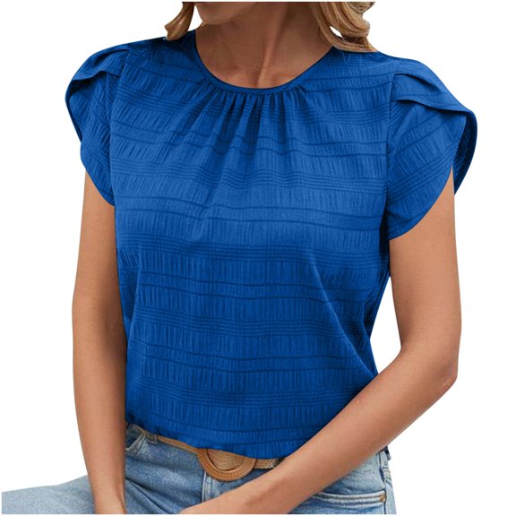 Womens Summer Dressy Chiffon Blouses Trendy Round Neck Ruffle Short Sleeve Casual Tunic Tops Cute Business Work Tee Blue L