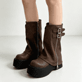 thumbnail image 3 of EKVAHL Women's Buckle Mid‑Calf Boots, Faux Leather Decorative Strap Moto Boots, Chunky Low Heel Round Toe Casual Boots Brown, 3 of 4