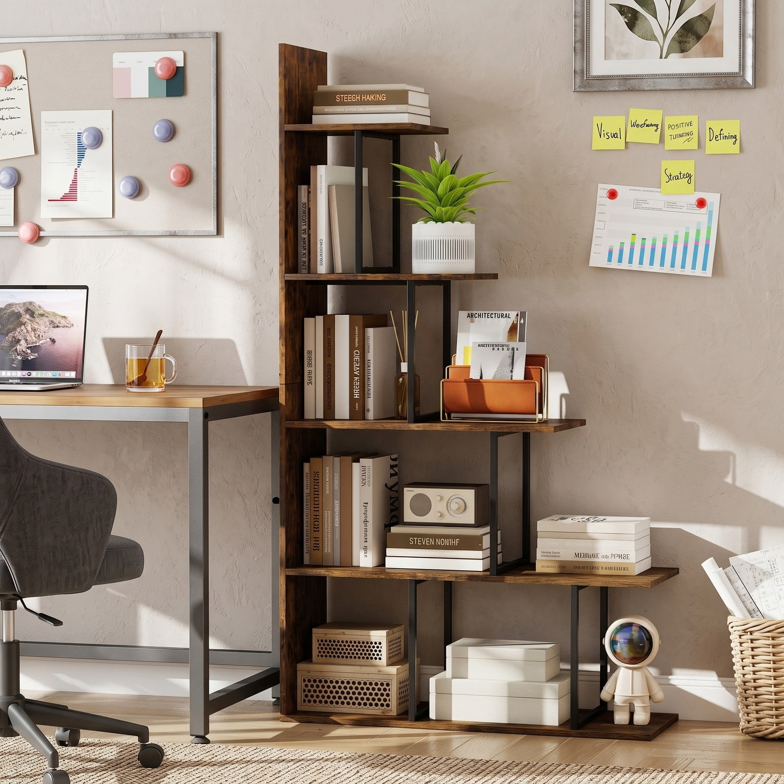 Furnibear 5-Tier Stepped Bookshelf, 62 Inch Tall Freestanding Industrial Bookcase with Heavy Duty Metal Frame, Wood Storage Shelf Organizer for Home, Rustic Brown