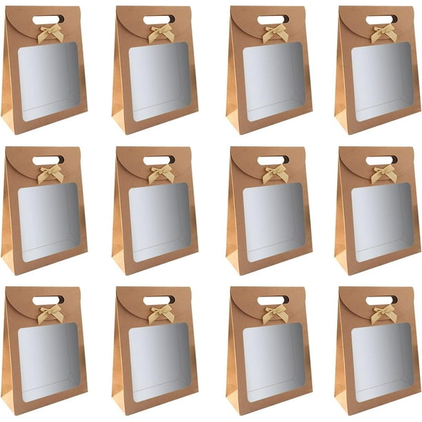 Bolsa de papel Kraft de 12 piezas, bolsa de regalo con ventana, bolsas de papel Kraft marrón, para envolver regalos de banquetes, galletas, dulces