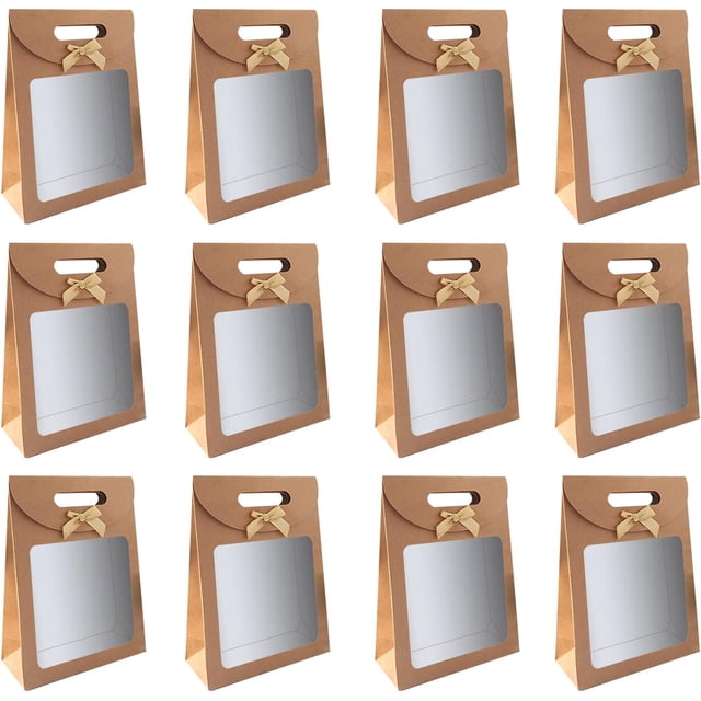 Bolsa de papel Kraft de 12 piezas, bolsa de regalo con ventana, bolsas de papel Kraft marrón, para envolver regalos de banquetes, galletas, dulces