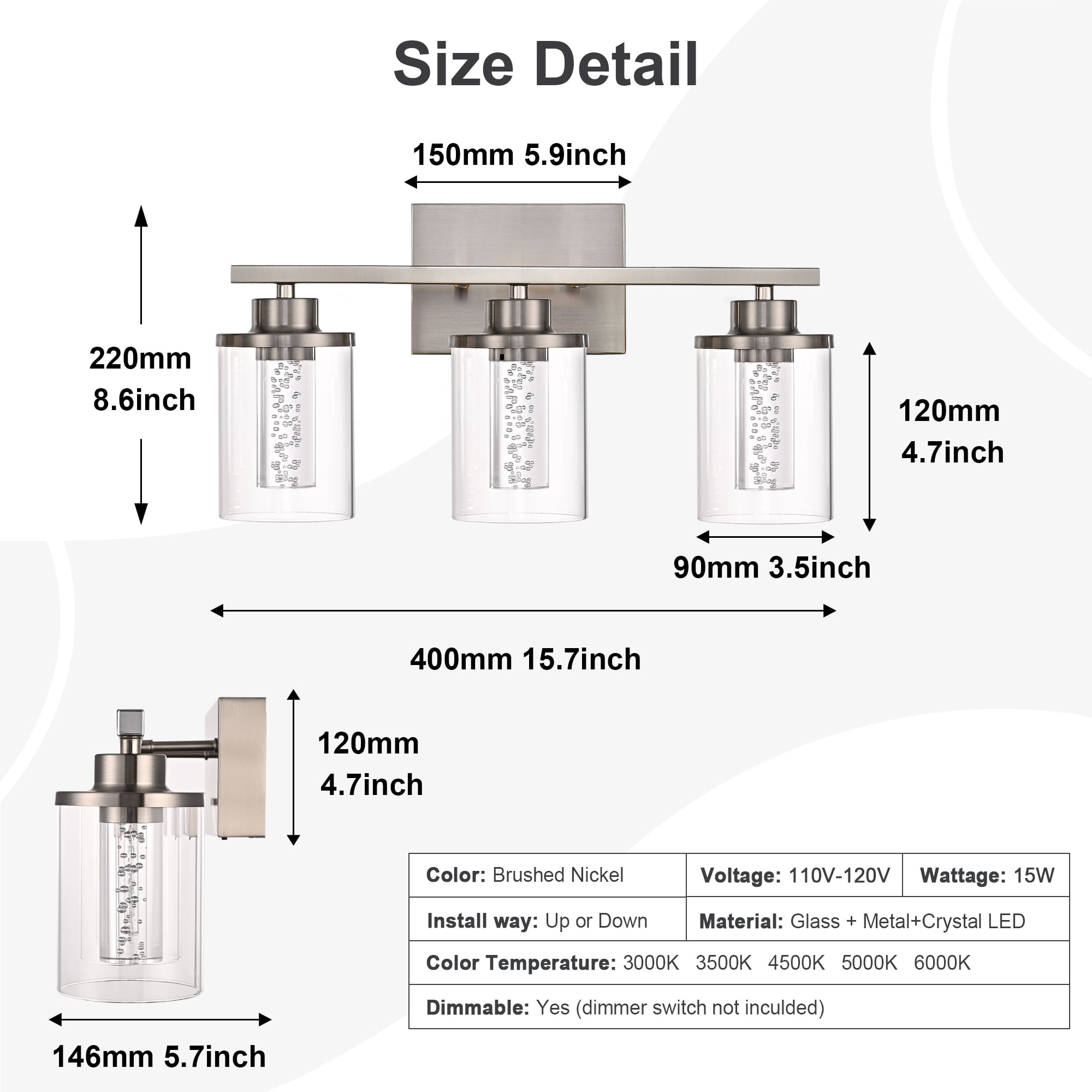 Melucee 5CCT Dimmable LED Brushed Nickel Vanity Lights 3-light, Modern Vanity Lighting Fixtures with Crystal Light Columns and Clear Glass for Bathroom Bedroom