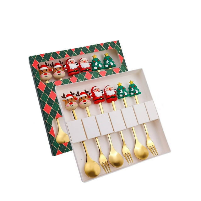 Antqov Christmas Spoon Christmas Dessert Spoon Fork Stainless Steel Tableware Set Cute Doll With Hand Gift