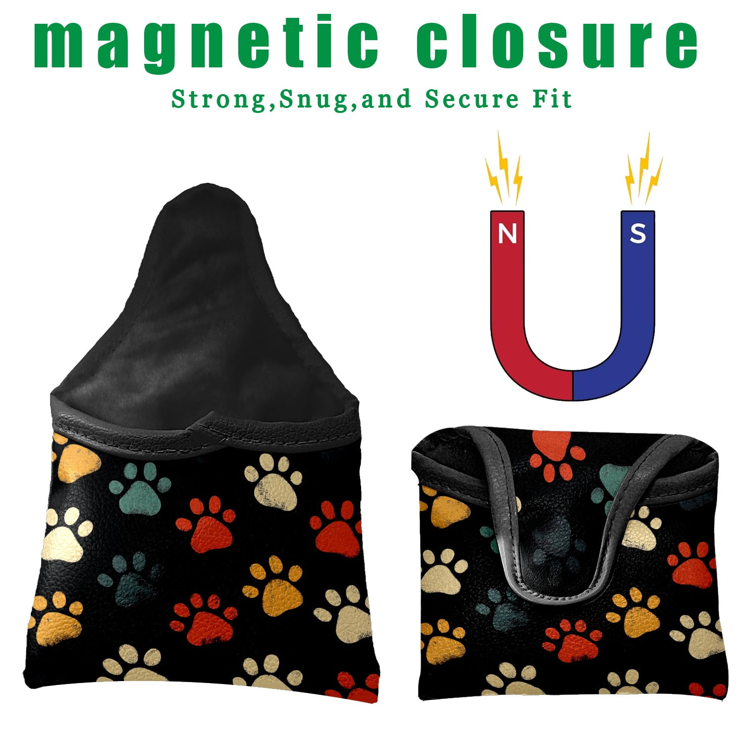Golf Mallet Putter Cover Premium Leather Waterproof Golf Putter Head Cover with Magnetic Closure Colorful Dog Paw Prints