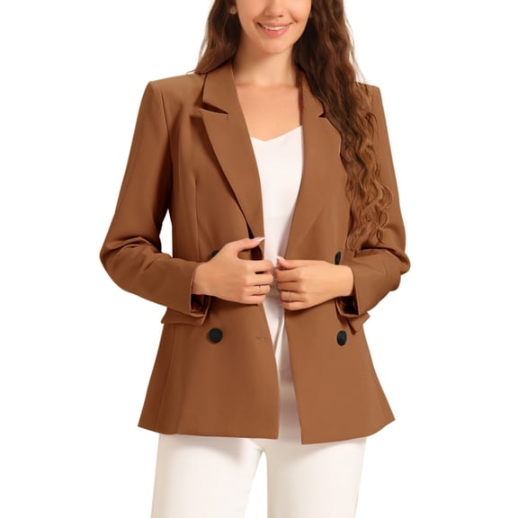INSPIRE CHIC Women's Blazer Double Breasted Notched Lapel Jacket with Padded Shoulders XL Dark Brown-Solid