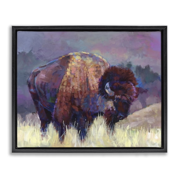 Stupell Industries Rustic Lodge Vibrant Bison Grazing Rural Meadow Purple Landscape Black Floating Frame Canvas Art, 21 x 17, by Robert Jackson