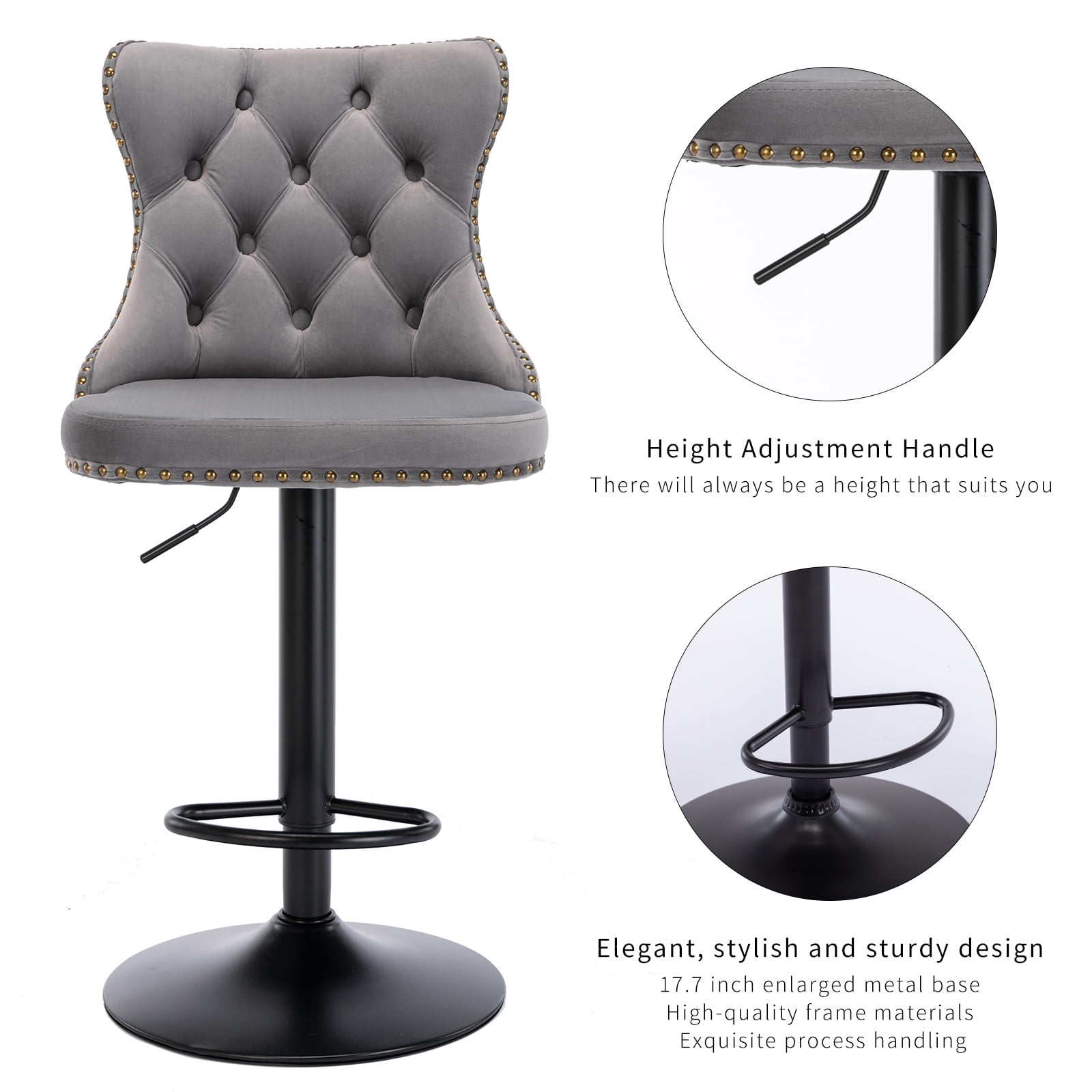ODUSE-DAILY Gray Velvet Bar Stools Set of 2 - Adjustable Swivel Counter Height Chairs with Tufted Back and Nailhead Trim for Kitchen Island Pub Restaurant (2Pcs, Black Metal, Grey)