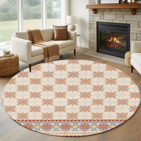 Orange Floral Round Area Rug 6Ft Washable Circle Rugs for Bathroom Office, Country Boho Ethnic Art Flowers Motifs Non-Slip Carpet Floor Mats Indoor Outdoor Carpet Runner Aesthetic Home Decor