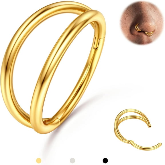 Triple/Double Hoop Nose Ring - G23 Titanium Septum Rings 16G/18G/20G CZ Nose Piercings Jewelry Conch Helix Daith Rook Tragus Cartilage Earring Hinged Nostril Piercing Gold/Black/Silver