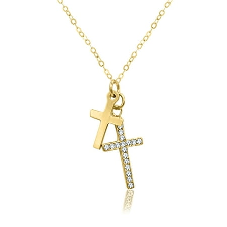 - Sterling Silver 18 Karat Yellow Gold Plating Polished & Crystals Cross Necklace