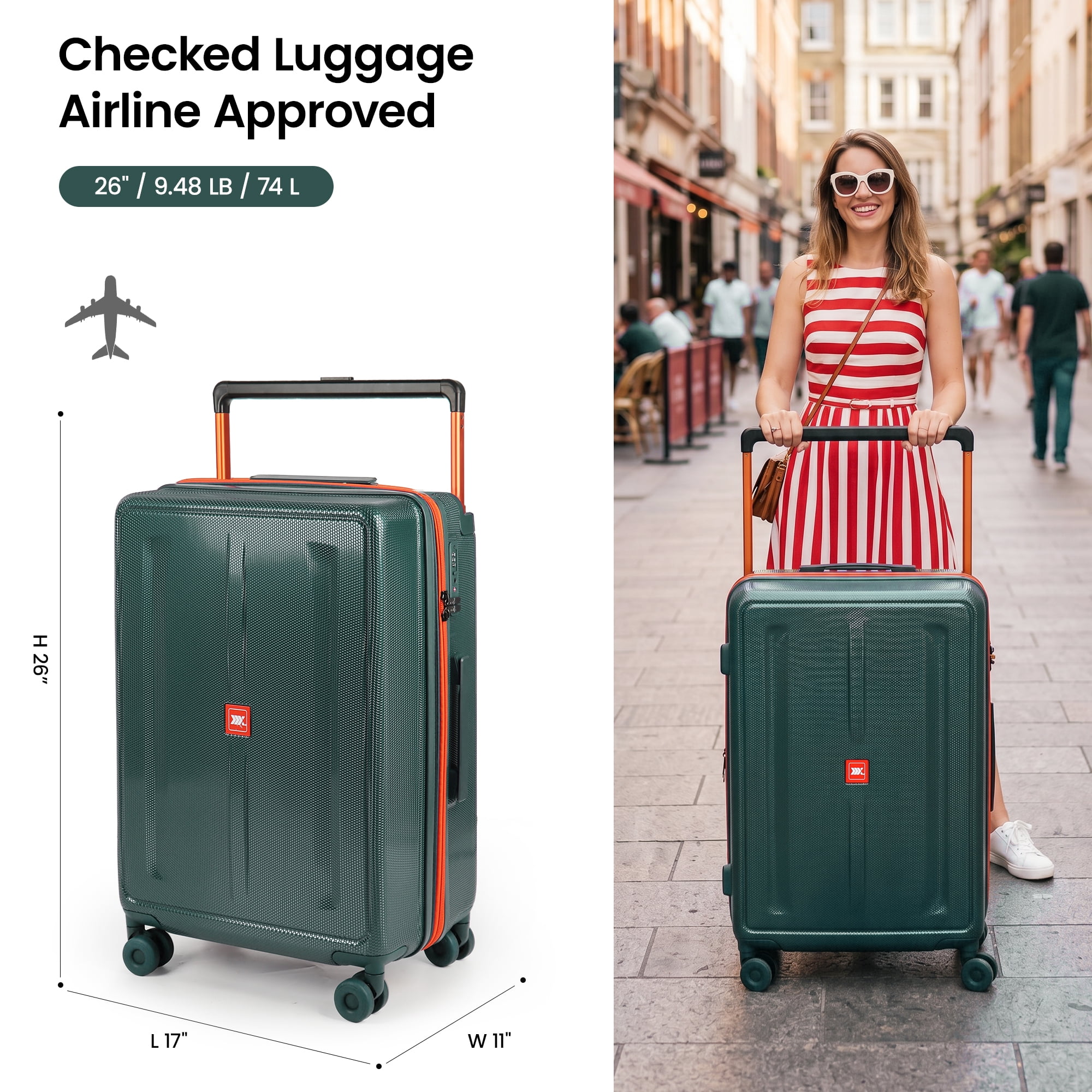 New York Xpress 26" Hardside Medium Checked Luggage,Expandable Suitcase with Silent Wheels & Aluminum Wide Handle,TSA-Approved, Green - LP13803