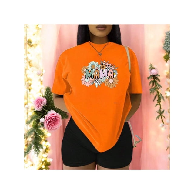 Playera Blusa Mujer De Mamá con Estampado de Flores Ropa Casual y Bonita para Día de la Madre Color Anaranjado Talla Chica Marca Emil SaEs