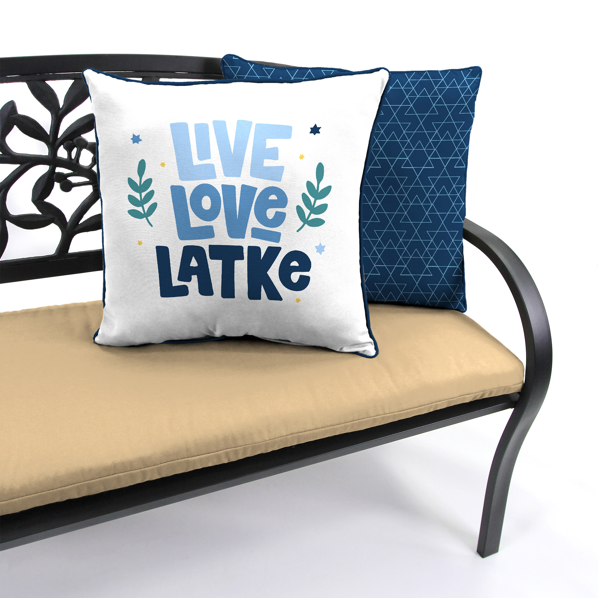Jordan Manufacturing 16" x 16" Live Love Latke Hanukkah Cream Novelty and Navy Geometric Reversible Square Outdoor Throw Pillow with Welt (2 Pack)