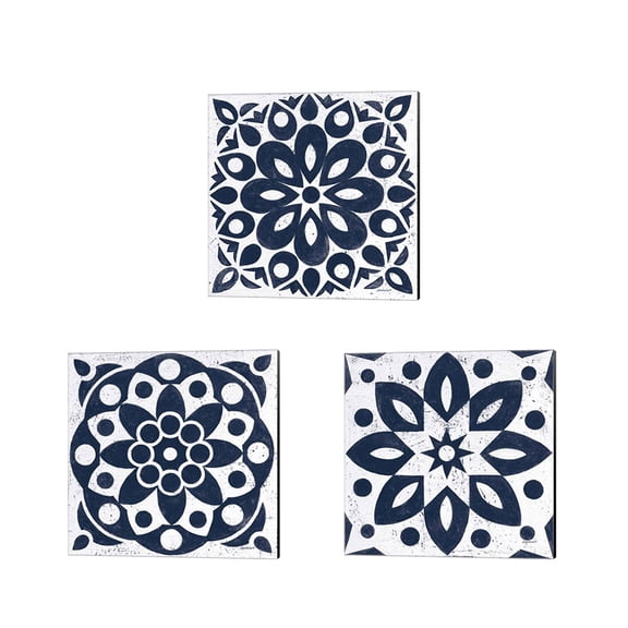 Great Art Now Blue and White Tile by Kathrine Lovell 3 Piece Canvas Art Set Each 14W x 14H