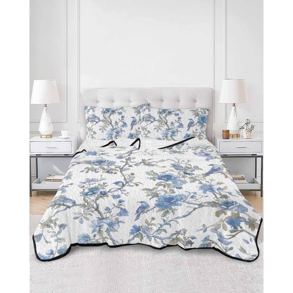 Quilts Twin XL Size, Blue Floral Birds Soft Comforter Bedding Set for Bed, Farmhouse Flowers Pastoral Lightweight Quilted Bedspread with Pillow Cover(2 Pieces) for All Season, 68x98 Inch