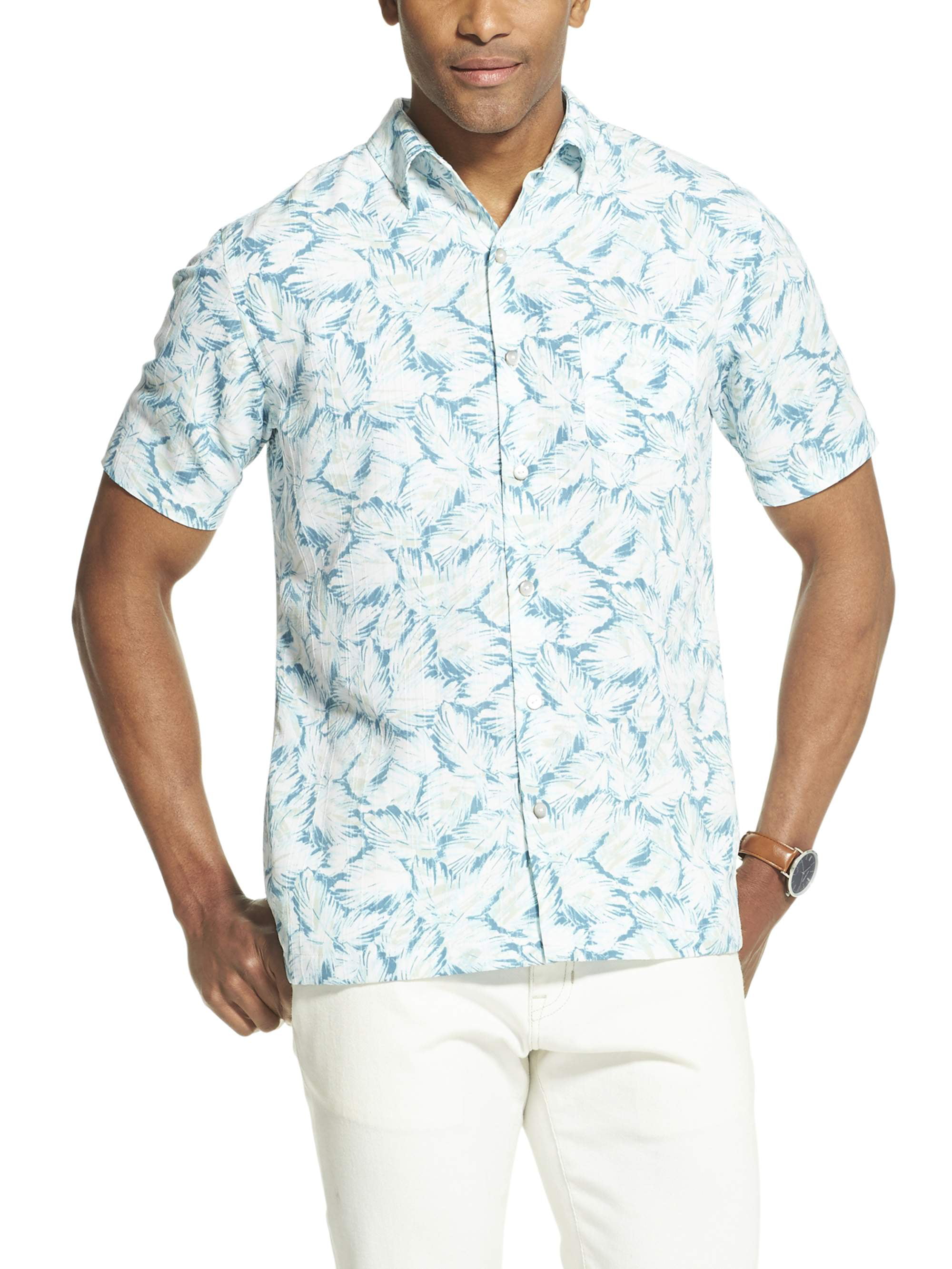 Mens Hawaiian Shirt Flower Leaf Printed Button Down Short Sleeve Dress Shirts 