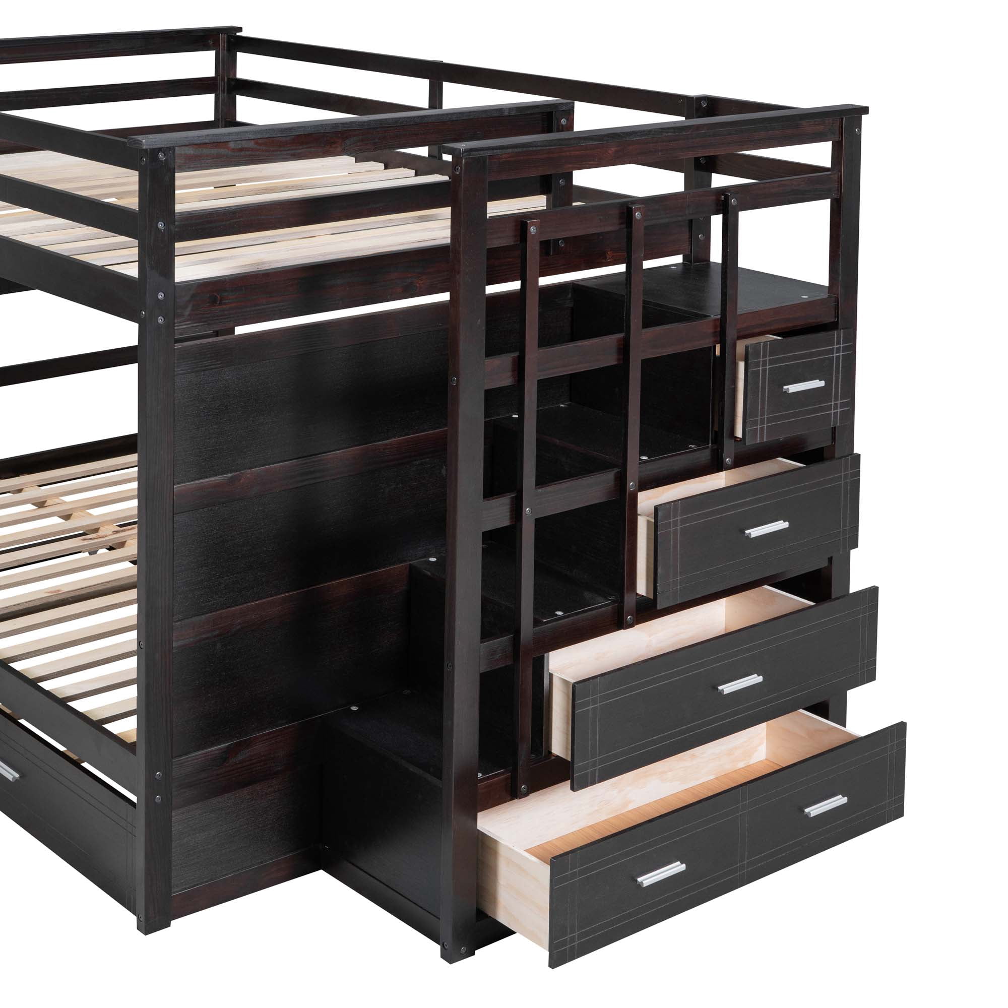 Aukfa Full over Full Bunk Bed with Trundle and Staircase, Wood Bunk Bed with 4 Storage Drawers for Kids, Teens - Espresso