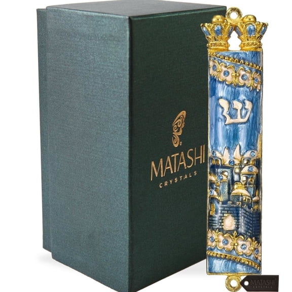 Matashi Hand Painted Mezuzah Gold Plated and Crystals (Blue Enamel Mezuzah Jerusalem City) Home Door Wall Decor Home Décor Jewish Holiday Housewarming Present House Blessing Gift for Holiday Festival