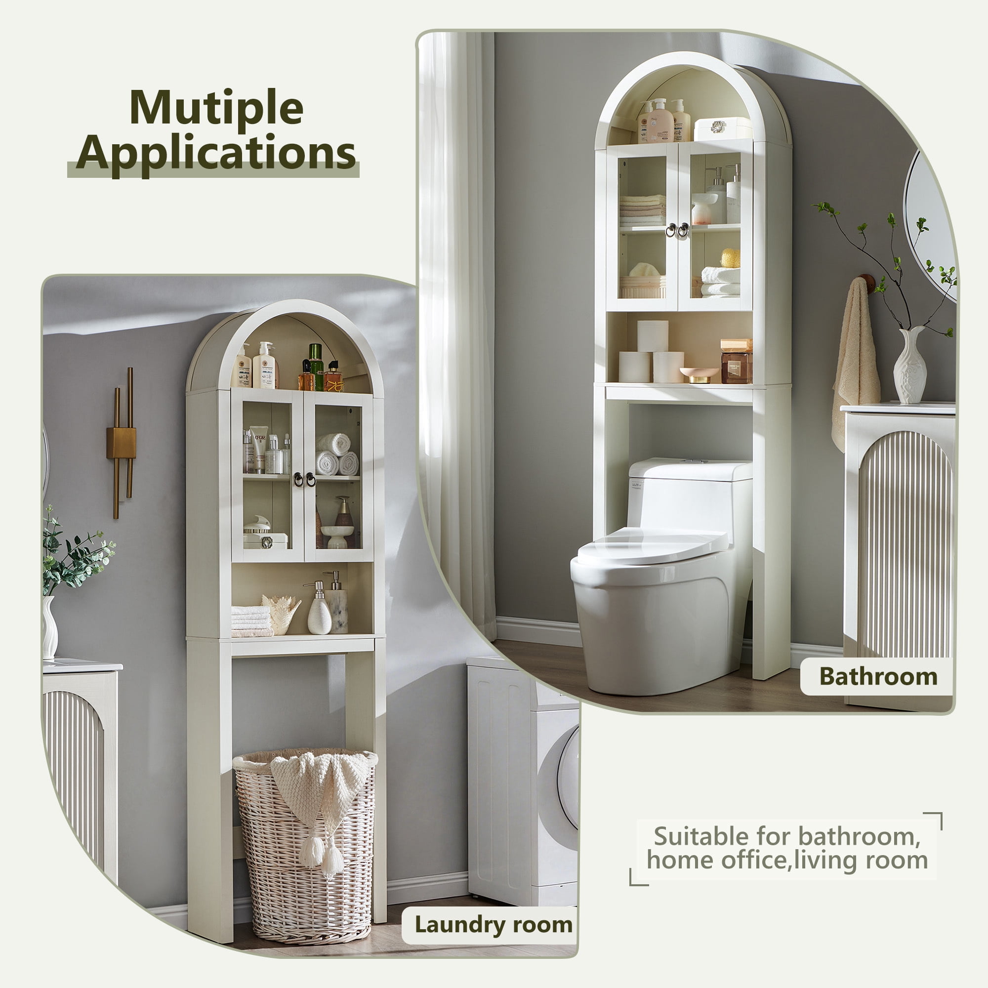 SinCiDo Arched Over The Toilet Storage Cabinet, Modern Bathroom Shelf Over Toilet with Acrylic Doors, Wooden Bathroom Space Saver Organizer above Toilet with Adjustable Shelf