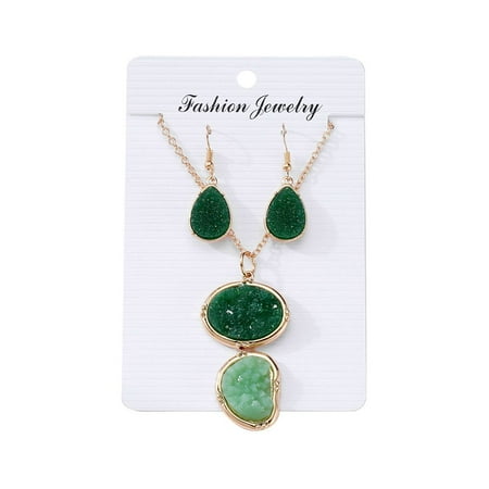 

Thinsont Retro Ethnic Resin Pendant Women Necklace Geometric Drop Earrings Set Gift dark green+light green