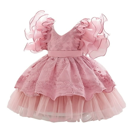 

QWZian Toddler Girls Fly Sleeve Lace Embroidery Gown Party Evening Dress Wedding Dress For Children Clothes Fashion Sizes 12-18 Months