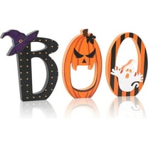 BOO Signs Halloween Table Decorations Indoor, Retro Halloween Black Orange Tiered Tray Decor Set of 3, Wooden Happy BOO Day Decoration Sign for Party Home Shelf Display (Ghost)