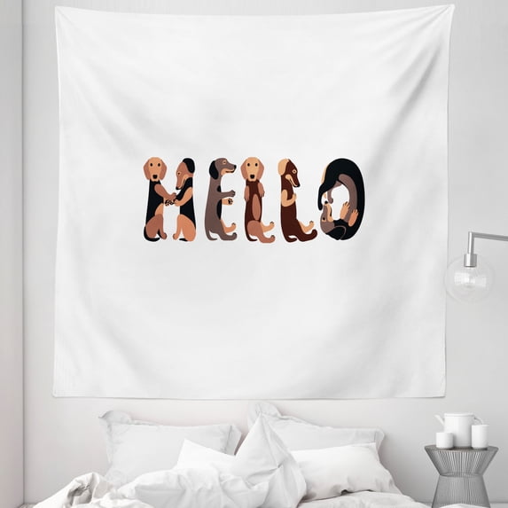 Dachshund Tapestry, Dachshund Puppies Spelling the Word Hello Animal Font Design, Fabric Wall Hanging Decor for Bedroom Living Room Dorm, 5 Sizes, Brown Caramel Taupe, by Ambesonne