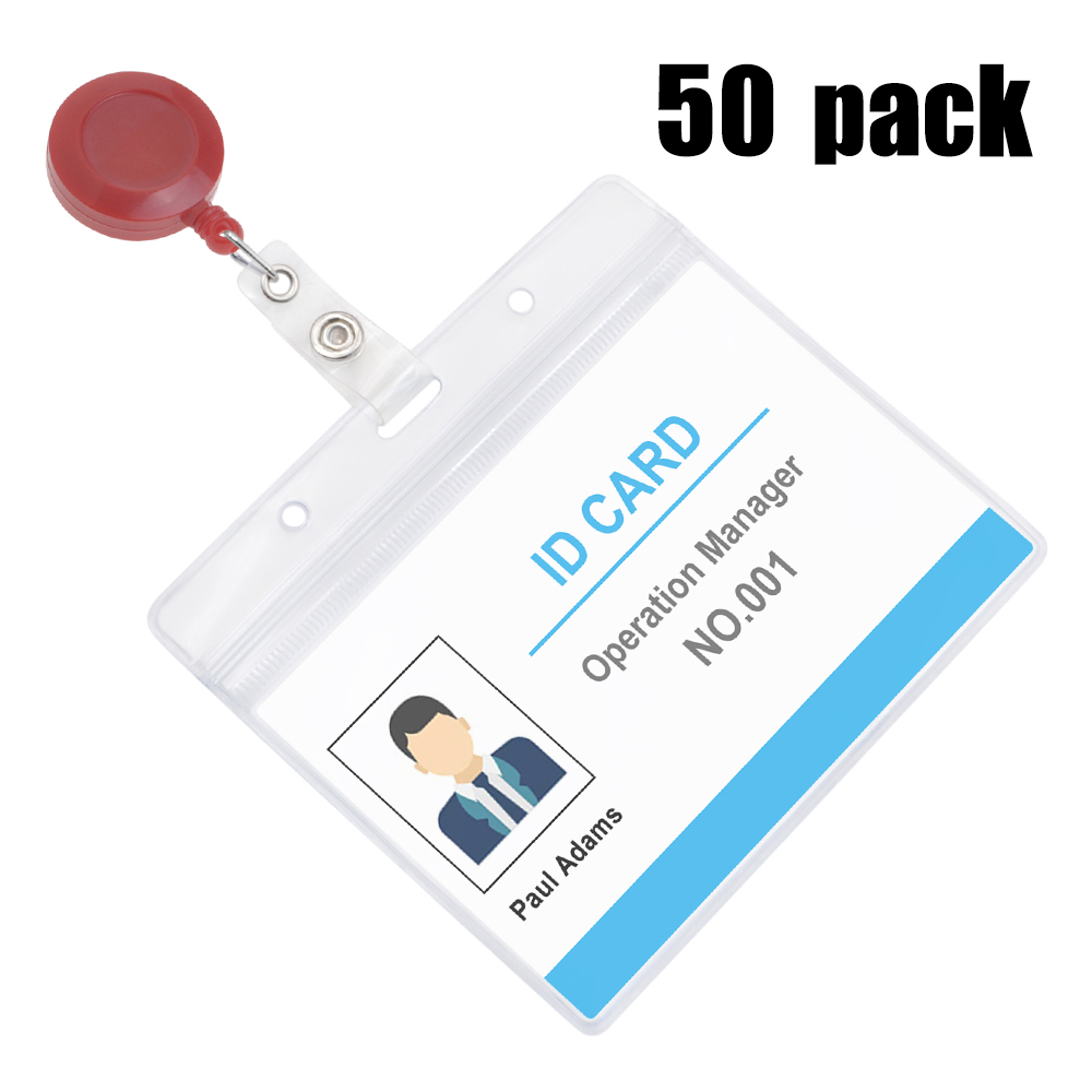 MUKA 50 Pack Solid Color Retracting Badge Reel with Horizontal Vinyl ID Card Holders Sets