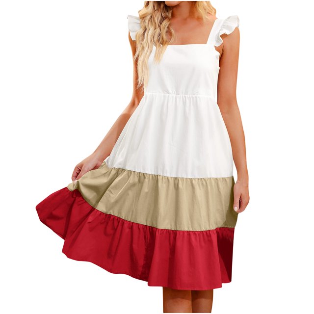 Vestido sólido para mujer Verano con volantes Correa Sin mangas Cuello cuadrado Patchwork Casual Vestidos de columpio Pompotops ghjkhdj4813