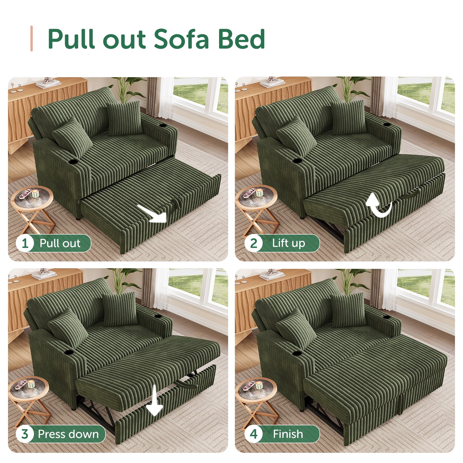 Marrber Green 52” 3-in-1 Convertible Pull-Out Sofa Bed Sleeper Loveseat with Reclining Backrest, Built-in Cup Holders, Pet-Friendly Corduroy Sofa for Small Space