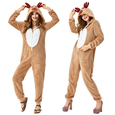 

Men Women Reindeer Pajama Onesie Christmas Plush Hooded Cosplay Sleepwear