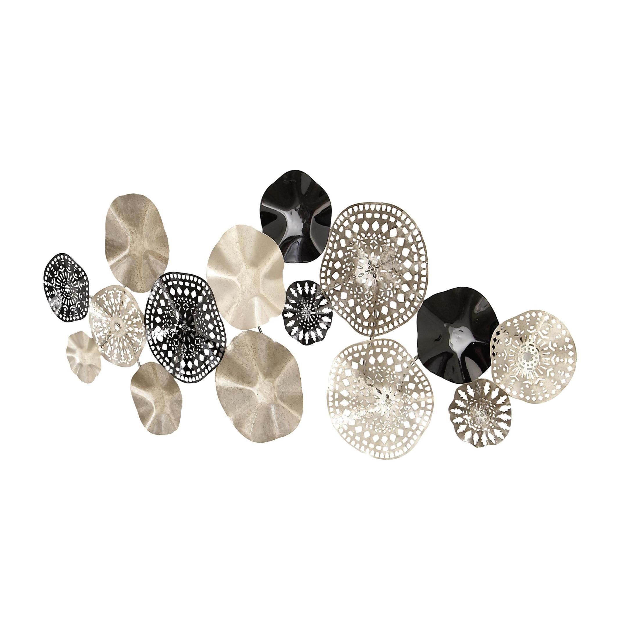 DecMode Contemporary Metal Discs with Crumpled and Lattice Patterns Wall Décor, 59"W x 25"H Features Silver/Black Polished Finish