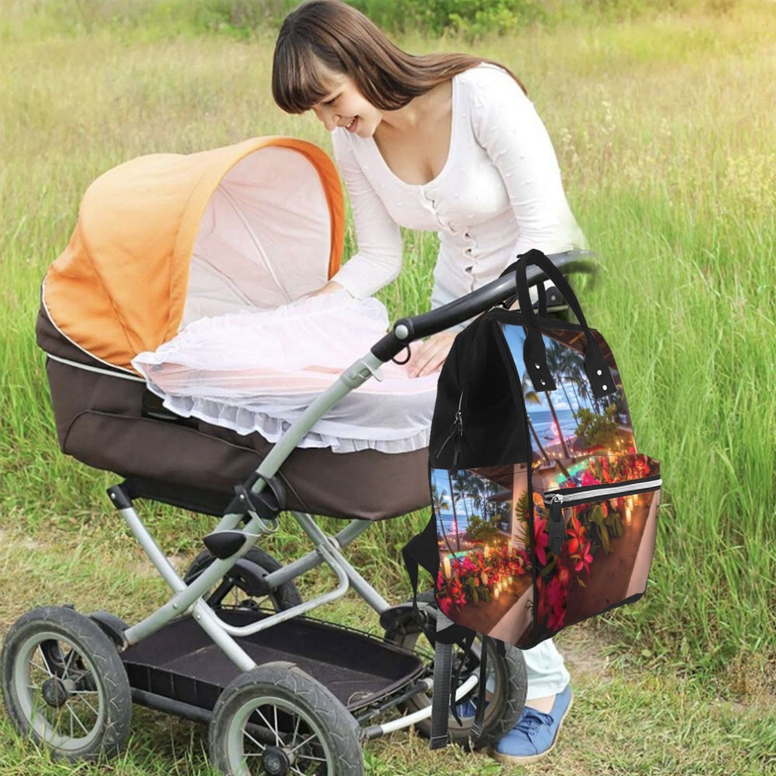 Fuzoiu Tropical Beach Candlelight Print Diaper Bag Backpack,Baby Essentials Travel Tote,Multi function Waterproof Diaper Bag, Travel Essentials Baby Bag - Unisex