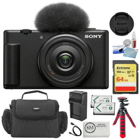 Sony ZV-1F Vlogging Camera | Black Bundle with 64GB Memory Card + Cleaning Cloth + Striker Tripod 12" Flexipod + Spare Battery + Battery Charger + Vivitar DC-49 Camera Bag + Precision Design 5-Piece C