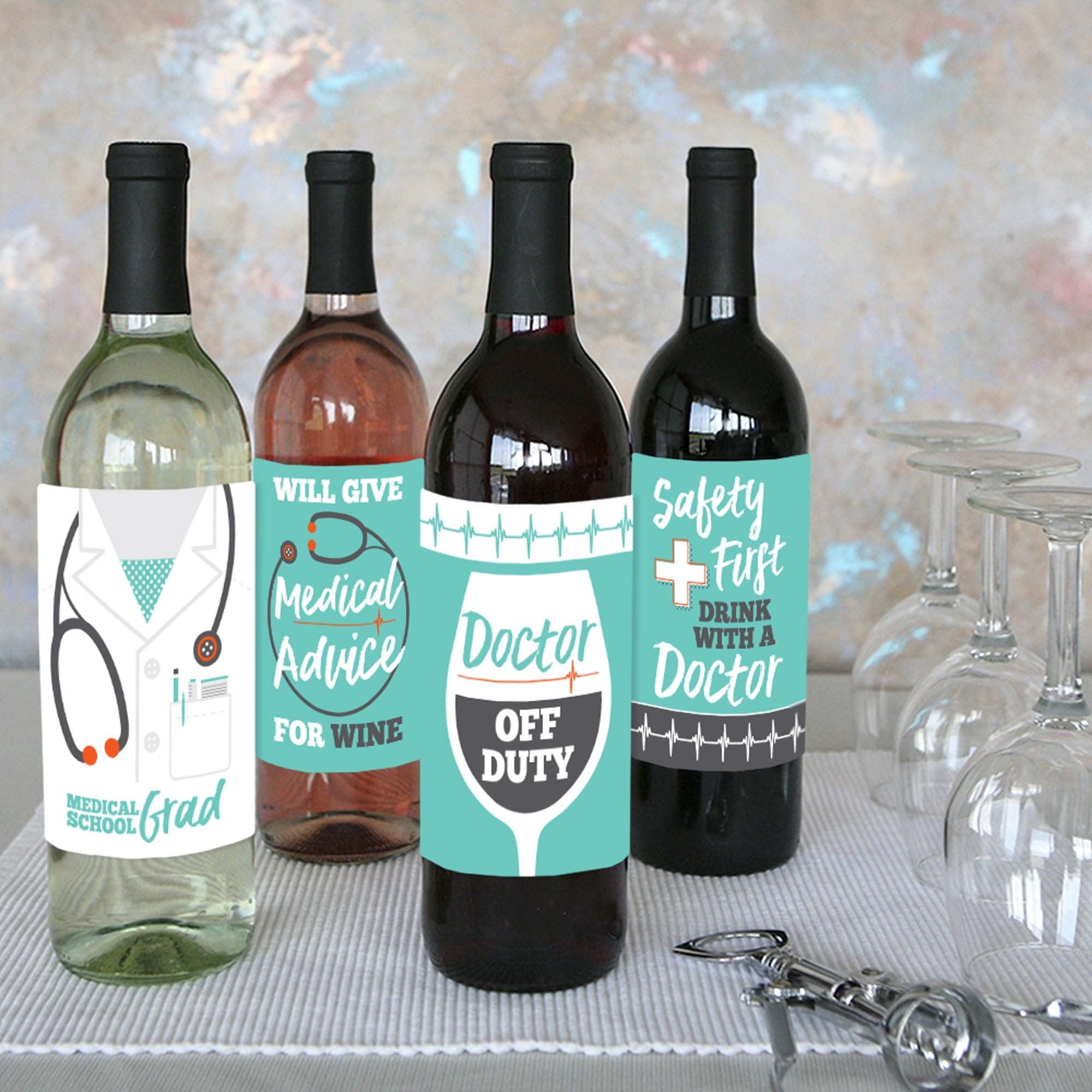 Medical School Grad - Doctor Graduation Party Decorations for Women and Men - Wine Bottle Label Stickers - Set of 4