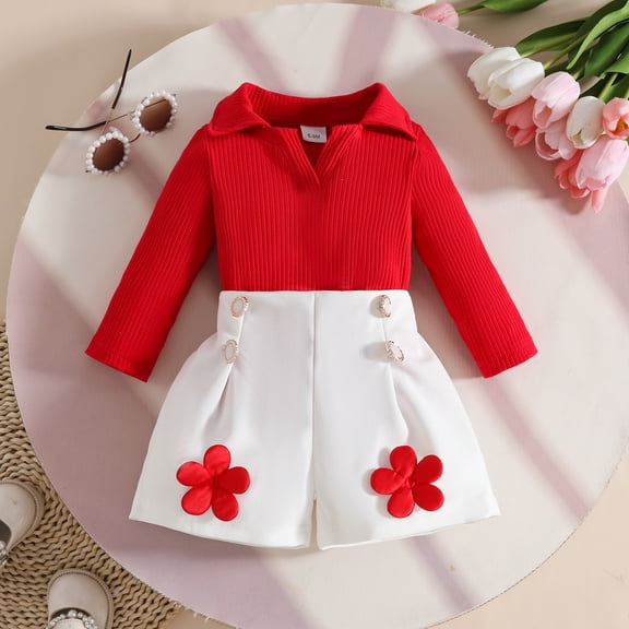 PInxai Clothes for Girls Suits Lapel V Neck Long Sleeve Ribbed Knit Tops Cute Elastic Waisted Wide Leg Shorts Trendy 2 Piece Outfits,Red,9-12 Month