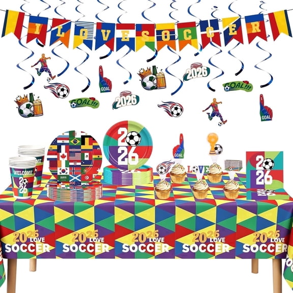 2026 Soccer Themed Party Decorations, Red Blue Green Football Party Supplies for Game, Sports Themed Banner & Balloon Kit for Fan Celebration