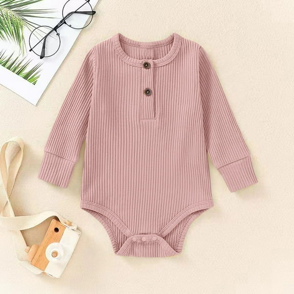Delliss Newborn Ribbed Button Jumpsuit Baby Boys Girls Solid Color Long Sleeve Romper Spring and Fall