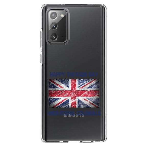 DistinctInk Clear Shockproof Hybrid Case for Samsung Galaxy Note 20 (6.7" Screen) - TPU Bumper Acrylic Back Tempered Glass Screen Protector - Happy Treason Day Ungrateful Colonials