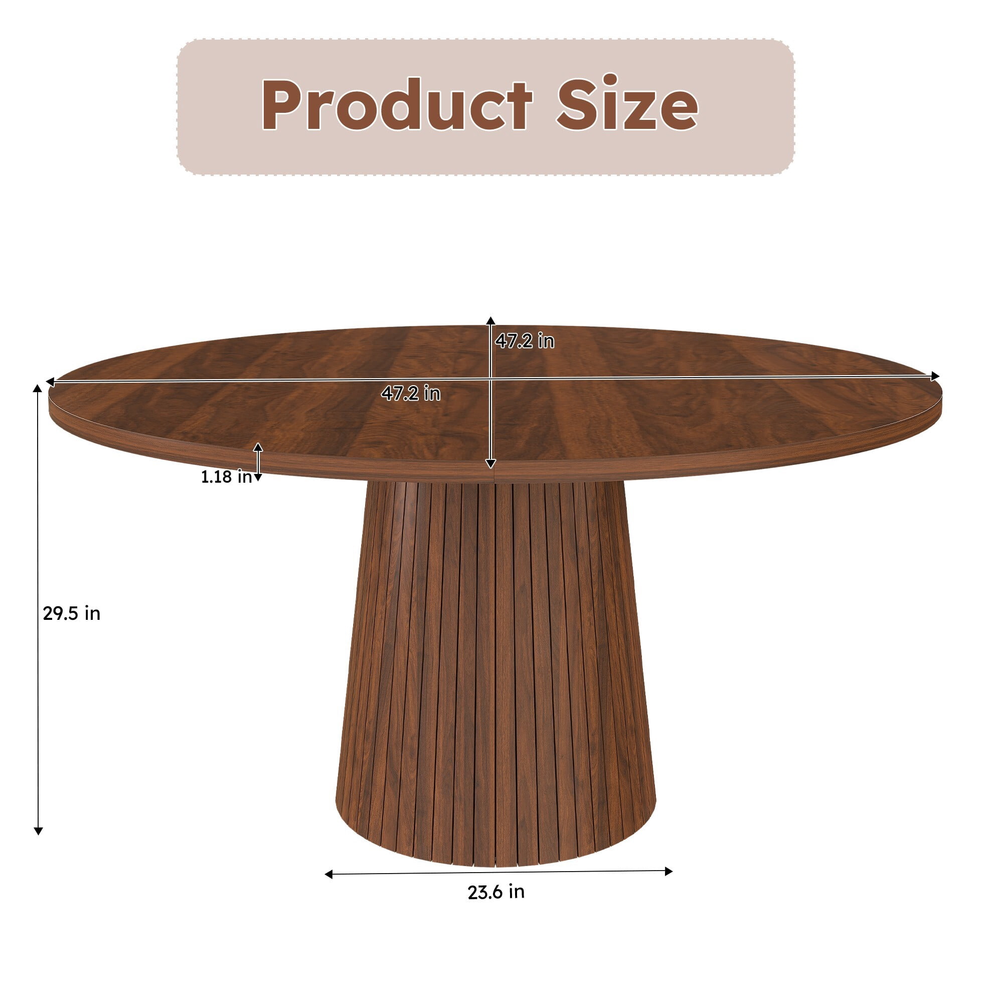 AENKYO 47" Round Dining Table for 4, Modern Farmhouse Pedestal Kitchen Table with Wood Strip Base, Walnut Finish