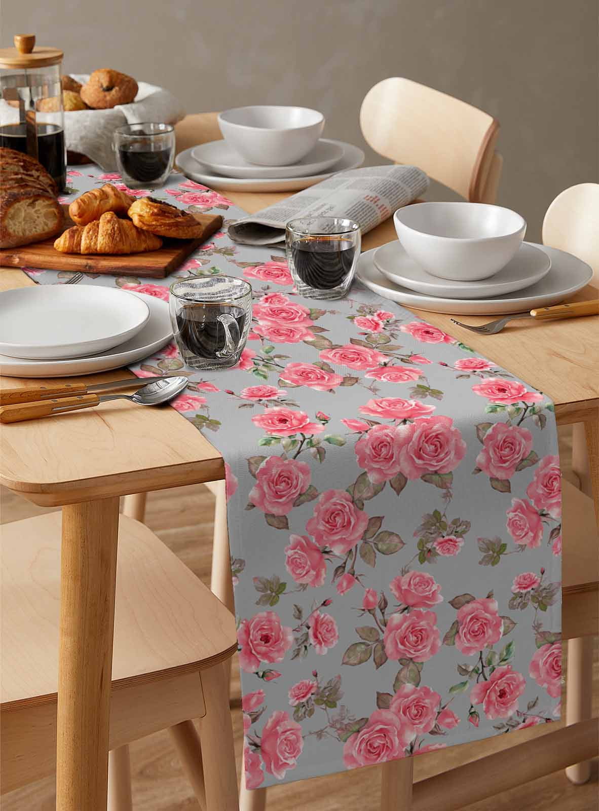 Red Floral Table Runner Cotton Linen 60 Inch Holiday Dresser Scarves, Farmhouse Garden Flowers Botanical Tablerunner for Kitchen Coffee Dining Bedroom Home Living Room Dinner Scarf Décor 13''x60''