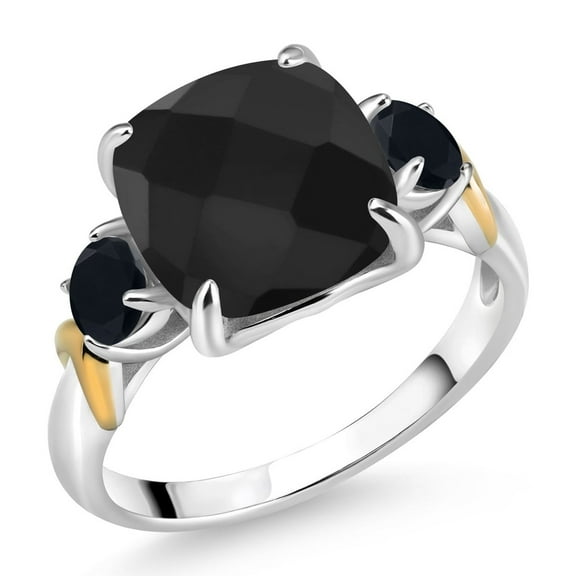 Gem Stone King 925 Silver and 10K Yellow Gold Black Onyx 3 Stone Ring for Women (4.24 Cttw, Gemstone December Birthstone, Cushion Checkerboard 10MM, Round 4MM, Size 7)