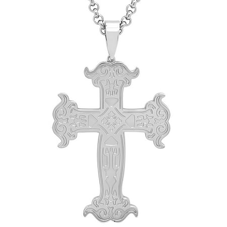 Men’s Stainless Steel Silver-Tone Baroque Cross Pendant with Rolo Chain - Mens Necklace, 24”