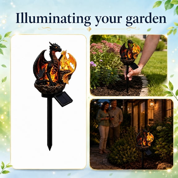 Gothic Double Dragon Solar Path Stake Lamp, Luminous Black Lava Dragon & Golden Dragon Figurine Outdoor Yard Decor